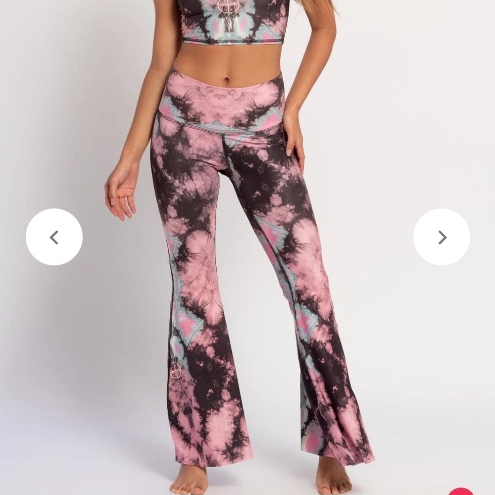 Teeki Tie-dye Eagle Feather Pink high waist pants Bell Leggings Size Large - Picture 2 of 5